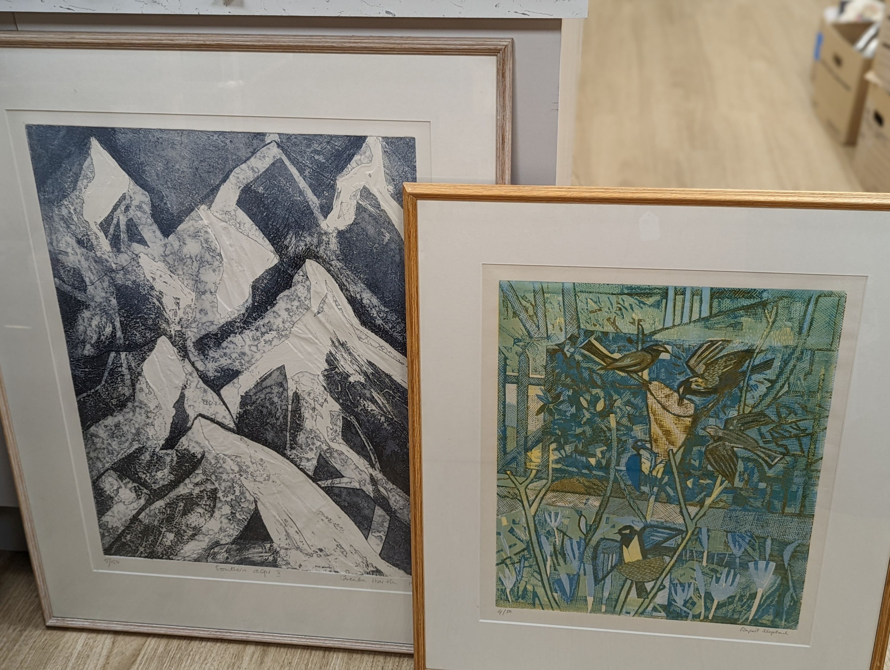 Brenda Harting, limited edition print, 'Southern Alps II', signed and dated 1987, 5/150, 60 x 45cm and a limited edition print by Rupert Shepherd, 'Swallows', 4/50, 50 x 51cm